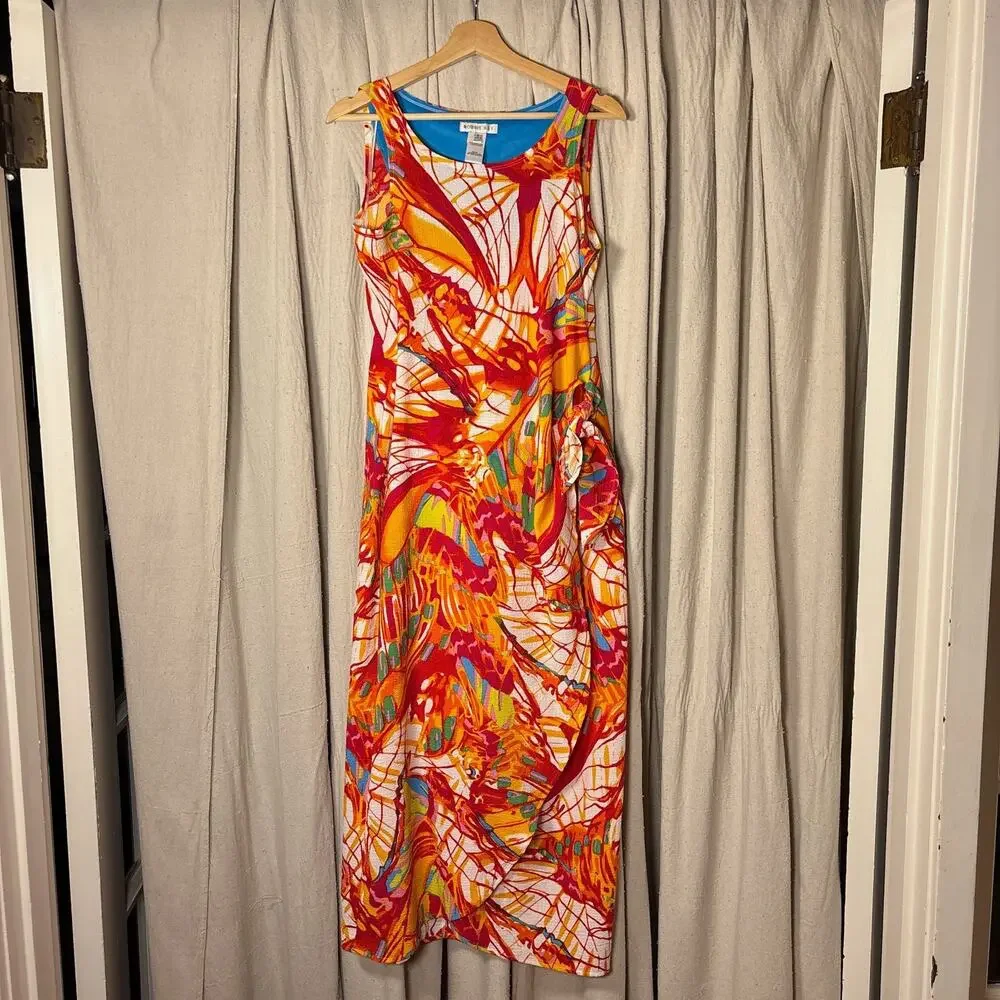 Robbie Bee Abstract Print Sleeveless Maxi Dress‎ Side Tie Size 8 Summer Beach